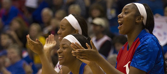 The Kansas bench cheers after a made three pointer during their game against Fort Hays State Sunday at Allen Fieldhouse.
