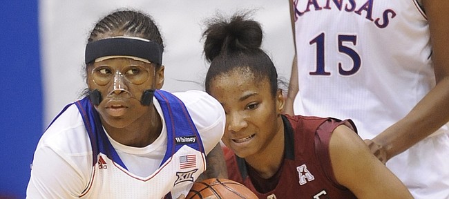 KU sophomore Keyla Morgan makes the steal on Temple's Alliya Butts (0) in the second half Saturday, Nov. 22, 2014, at Allen Fieldhouse.