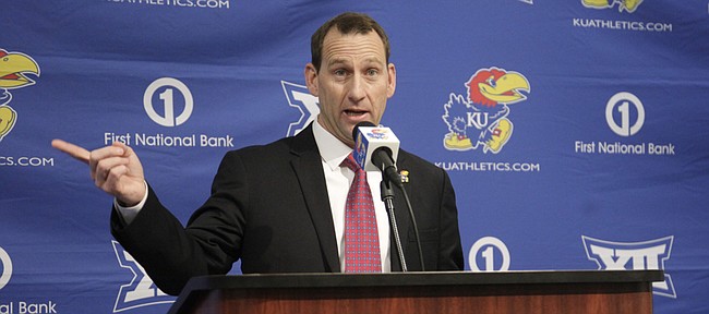 Kansas University's new head football coach, David Beaty, speaks at an introductory press conference Monday, Dec. 8, 2014, at the Anderson Family Football Complex. Beaty, the wide receivers coach and recruiting coordinator at Texas A&M, was hired by KU Friday.