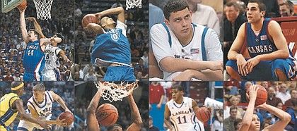 The Kansas University basketball players who have transferred to other schools in the Bill Self era are, top row from left: David Padgett, Omar Wilkes, Alex Galindo, Nick Bahe (non-scholarship player); middle row, from left: Micah Downs, Quintrell Thomas, Royce Woolridge, Merv Lindsay; and bottom row from left, Andrew White III, Zach Peters (first gave up basketball, then elected to play again and has since retired again), Rio Adams and Conner Frankamp. Not pictured: Milton Doyle, who never played a game for KU.