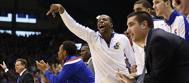 Kansas forward Cliff Alexander calls for a UNLV foul after a steal and a bucket by point guard Frank Mason during the second half on Sunday, Jan. 4, 2015 at Allen Fieldhouse.