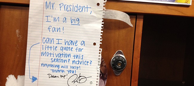 President Barack Obama left this note on Kansas University softball player Morgan Bohanan's locker, Thursday, Jan. 22, 2015. Obama used the team's locker room to prepare before his speech in front of thousands at Anschutz Sports Pavilion.