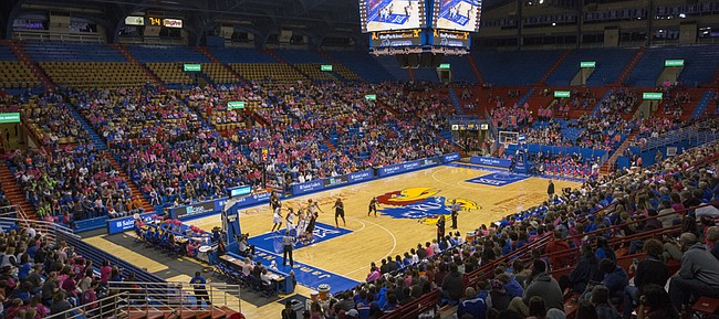 The fieldhouse was filled with pink during the annual Jayhawks for a Cure game Saturday evening at Allen Fieldhouse.