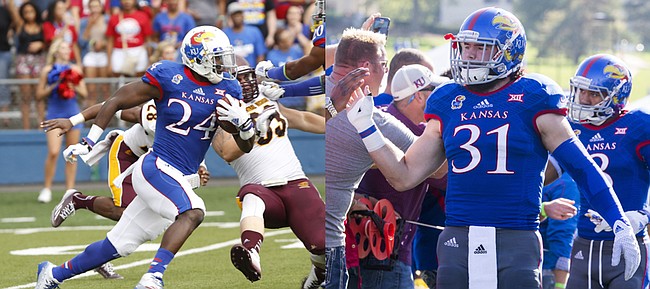 Former Kansas University players JaCorey Shepherd, left, and Ben Heeney — plus former punter Trevor Pardula — will participate in the NFL scouting combine in Indianapolis.