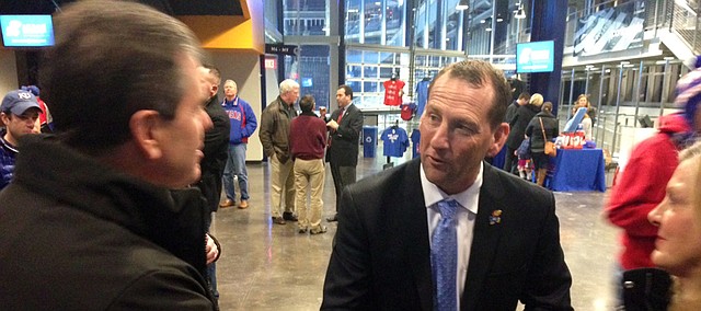 Kansas University football coach David Beaty meets with fans during the team's Football in February event at Sporting Park, in Kansas City, Kansas, on Thursday evening, February 19, 2015.