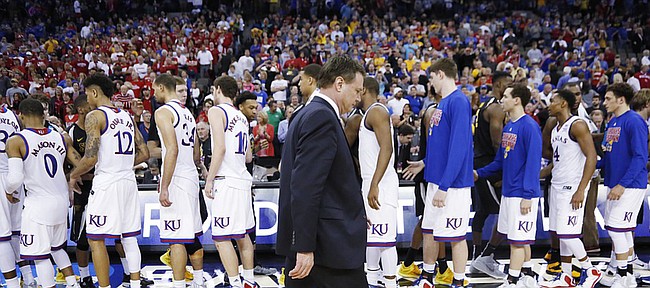 Kansas Coach Bill Self walks off the court in the Jayhawks' third-round NCAA Tournament loss against Wichita State Sunday, March 22, 2015 at the CenturyLink Center, in Omaha, Neb.