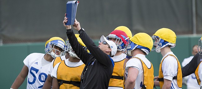 KU football coach David Beaty instructs his players during spring football practice on Thursday, March 26, 2015.