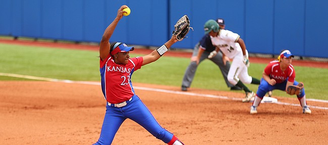 Kansas starter Monique Wesley delivers during the first inning against Baylor on Saturday, May 2, 2015 at Arrocha Ballpark.