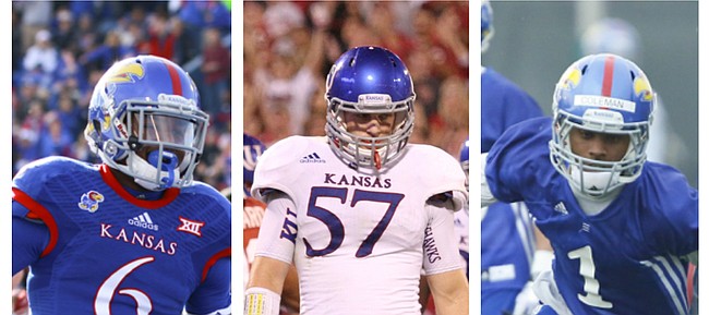 Kansas University football coach David Beaty announced on Tuesday, June 9, 2015 that football players, from left, Corey Avery, Jake Love and Rodriguez Coleman, would not be with the team in 2015. Avery and Coleman were dismissed for violating team rules in the spring and Love is stepping away from football because of medical issues. All three were projected starters. 