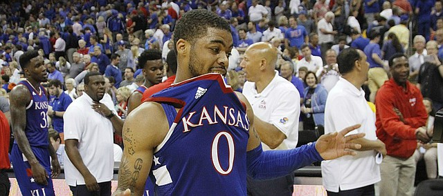 Kansas guard Frank Mason III (0) celebrates at the end of a 91-83 Team USA exhibition game win against Canada Tuesday, June 23, at the Sprint Center in K.C., MO.
