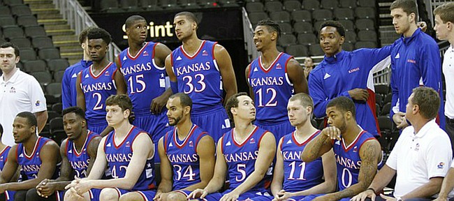 Members of Team USA prepare to have a team photo taken before the tip off of the squads exhibition game against Canada Tuesday, June 23, at the Sprint Center in K.C., MO. The KU squad will have another exhibition game  against Canada Friday before heading to South Korea for the World University Games in Gwangju, Korea.
