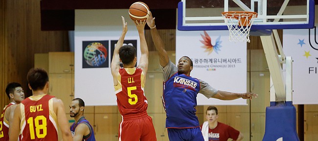 Kansas guard Wayne Selden Jr. jumps to block a shot in a Team USA 93-56 scrimmage game win over China Thursday, July 2. 