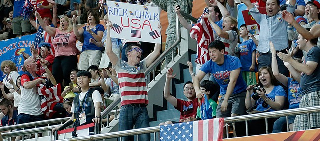 Kansas Jayhawk fans celebrate Team USA's 66-57 win against Turkey Saturday, July 4, in Gwangju, South Korea.
