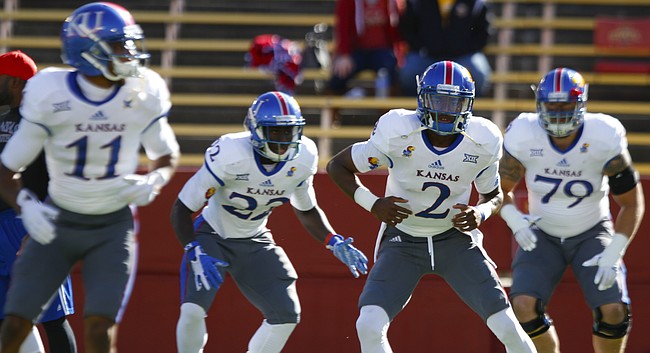The Kansas football team warms up in Ames, Iowa, on Oct. 3, 2015, before its game at Iowa State.