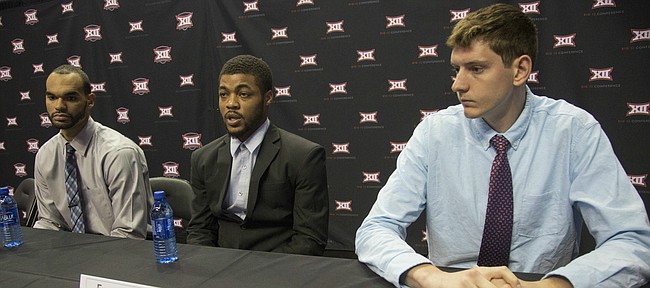 From left, KU senior Perry Ellis, junior Frank Mason III and senior Hunter Mickelson took questions at Big 12 Media Day Tuesday Oct 20, 2015, at Sprint Center.