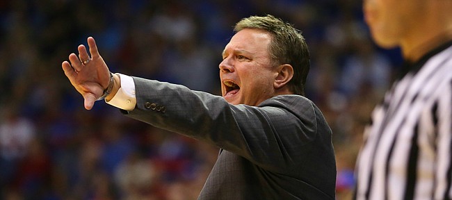 Kansas head coach Bill Self directs his offense during the second half on Wednesday, Nov. 4, 2015 at Allen Fieldhouse.