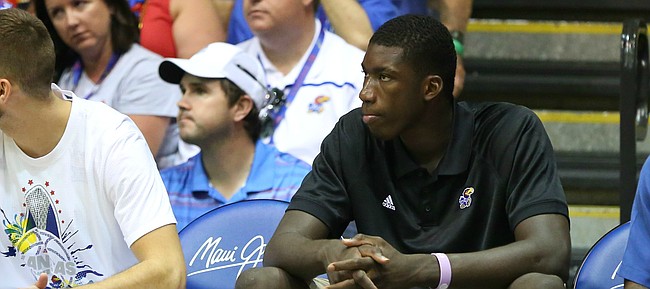 Kansas forward Cheick Diallo sits on the end of the bench during the second half, Wednesday, Nov. 25, 2015 at Lahaina Civic Center in Lahaina, Hawaii. Diallo was cleared to play on Dec. 1.