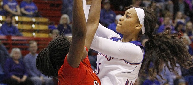 Caelynn Manning-Allen shoots a basket for 2 of her first-half points in an 86-71 loss to St. John's Sunday at Allen Fieldhouse.