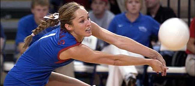 Kansas University senior libero Jill Dorsey makes a dig in this 2004 match against Baylor at the Horejsi Center.