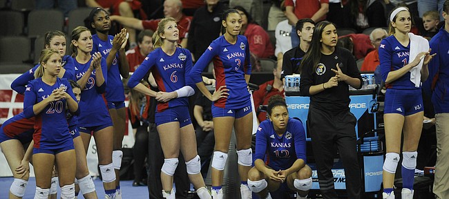 The KU volleyball team looks on during the last set of Thursday's Final Four showdown with Nebraskas KU and NU battled it out on December 17, 2015. Nebraska outlasted the Jayhawks, 3-1.