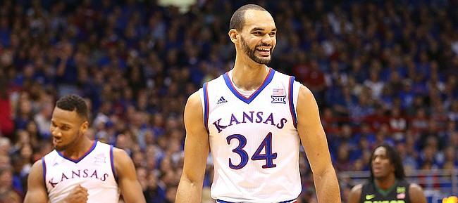 Kansas forward Perry Ellis (34) smiles after some defensive hustle forced a turnover by Baylor during the second half, Saturday, Jan. 2, 2016 at Allen Fieldhouse.