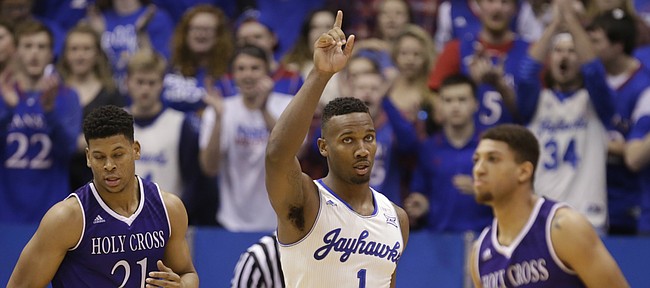 Kansas guard Wayne Selden Jr. (1) celebrates a Holy Cross turnover during the first half, Wednesday, Dec. 9, 2015 at Allen Fieldhouse.