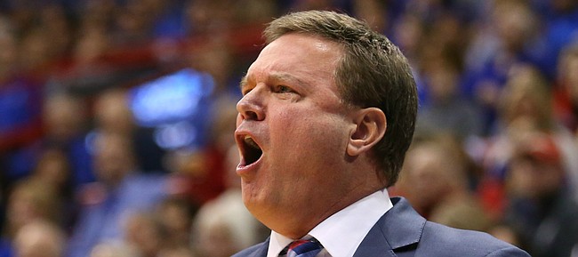 Kansas head coach Bill Self reacts to a call during the second half, Saturday, Jan. 16, 2016 at Allen Fieldhouse.