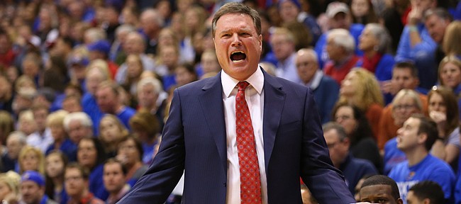 Kansas head coach Bill Self looks for a foul from an official during the second half, Saturday, Jan. 23, 2016 at Allen Fieldhouse.