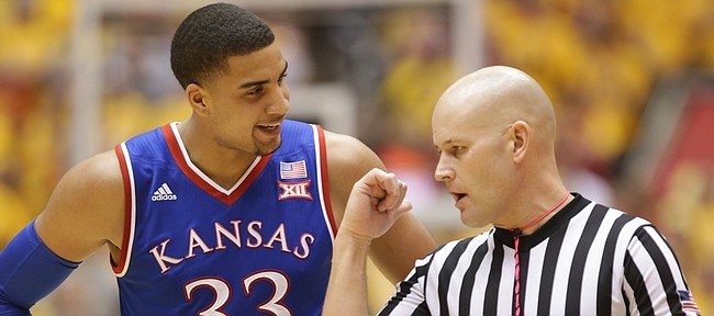 Kansas forward Landen Lucas (33) talks with an official about a call against him during the second half, Monday, Jan. 25, 2016 at Hilton Coliseum in Ames, Iowa.