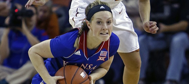 Kansas University guard Lauren Aldridge, front, looks to pass against Texas guard Brooke McCarty during the first half of KU’s 70-46 loss on Wednesday in Austin, Texas.