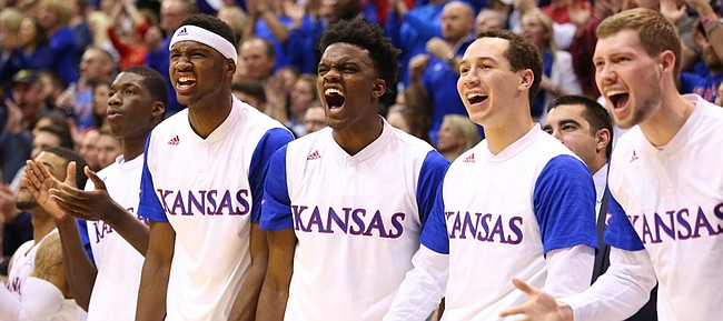 The Kansas bench reacts to a dunk by forward Perry Ellis (34) during the second half on Wednesday, Feb. 3, 2016 at Allen Fieldhouse.