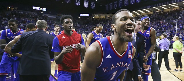 Kansas guard Wayne Selden Jr. (1) and the Jayhawks are all smiles as they leave the court following their 72-63 win over Kansas State, Saturday, Feb. 20, 2016 at Bramlage Coliseum in Manhattan, Kan.