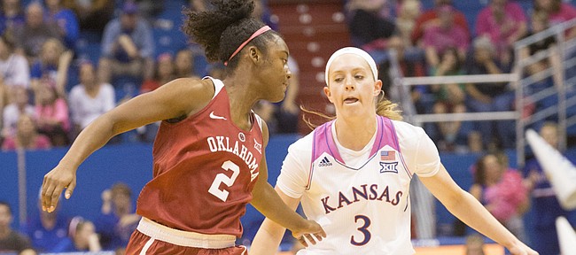 Kansas sophomore Lauren Aldridge (3) crosses the ball over as she brings it up the court under pressure from Oklahoma's T'ona Edwards (2) during their game Saturday afternoon at Allen Fieldhouse.