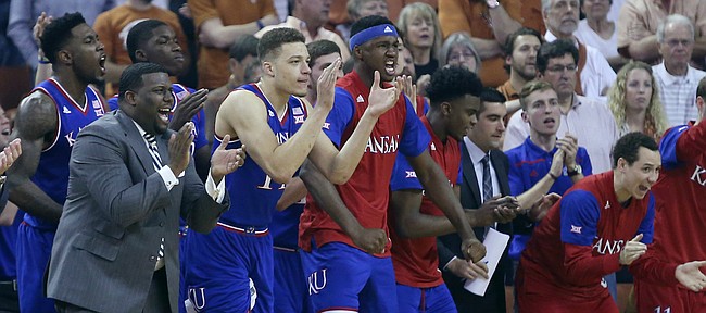 The Kansas bench celebrates during a win over the Texas Longhorns Monday, Feb. 29, 2016 at the Frank Erwin Center in Austin, Texas. 
