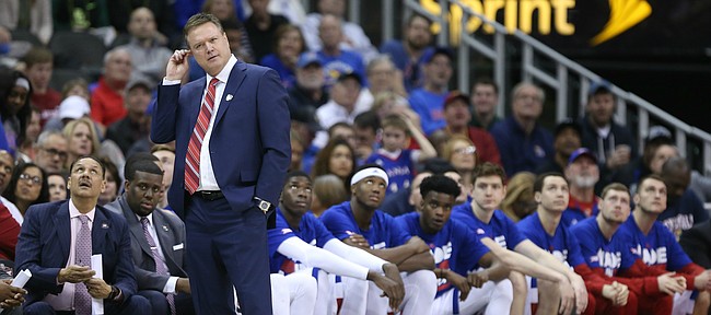 Kansas head coach Bill Self scratches his head during the second half, Friday, March 11, 2016 at Sprint Center in Kansas City, Mo.