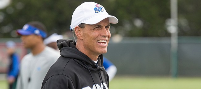 Former KU linebackers coach Todd Bradford, pictured at a practice, in 2016.