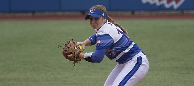 Kansas senior shortstop Chaley Brickey gathers to throw to first base for an out during the Jayhawks' game against Texas Tech Sunday afternoon at Arrocha Ballpark.