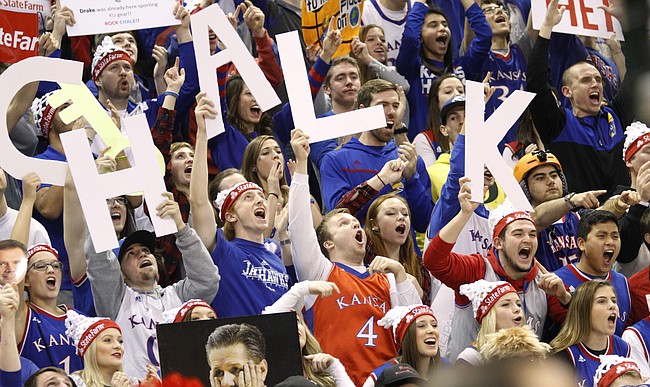 Kansas fans celebrate during filming of the ESPN College GameDay at Allen Fieldhouse on Saturday, Jan. 30, 2016, hours before the tip-off between KU vs. Kentucky men's basketball game. The NCAA named Allen Fieldhouse the loudest arena in college basketball in December of 2013.