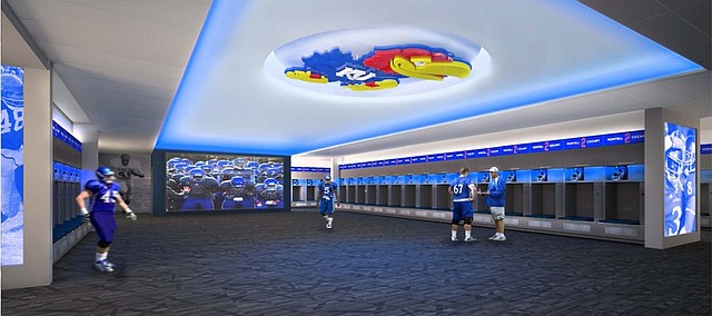 An artists rendering shows the view inside the newly renovated KU locker room, which will feature newly designed player lockers and an illuminated Jayhawk on the ceiling. The project, which is under way and will be complete in time for the 2016 season, is a $2-2.5 million renovation paid for by private donations. 