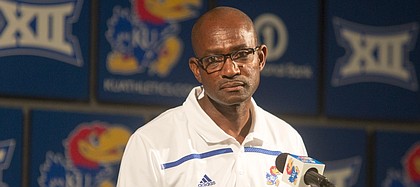 Kansas cross country coach Stanley Redwine talks about his teams during KU fall sports media day Wednesday, Aug. 19, 2015, at Hadl Auditorium.