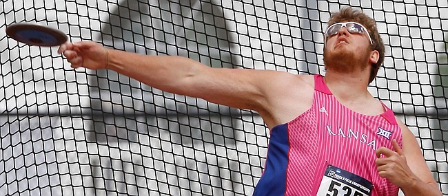 Kansas discus thrower Mitch Cooper competes Saturday, May 28, 2016, in the NCAA West Preliminaries track and field meet at Rock Chalk Park. 