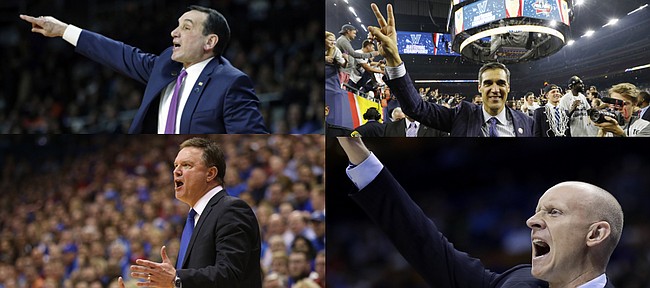By the time the college basketball season rolls around, these four coaches — clockwise from top left, Duke’s Mike Krzyzewski, Villanova’s Jay Wright, Xavier’s Chris Mack and Kansas’ Bill Self — well could have the top four teams in the country.