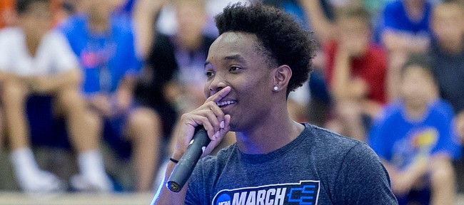 Kansas junior basketball guard Devonté Graham answers questions from campers at the Bill Self Basketball Camp Monday, June 13, 2016. 