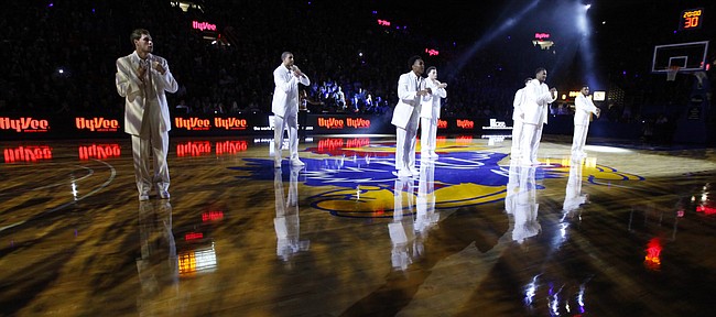 Members of the Kansas men's basketball team dance during Late Night in the Phog, Friday, Oct. 9, 2015 at Allen Fieldhouse.