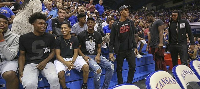 A line of Kansas recruits sit down for Late Night in the Phog on Saturday, Oct. 1, 2016 at Allen Fieldhouse.
