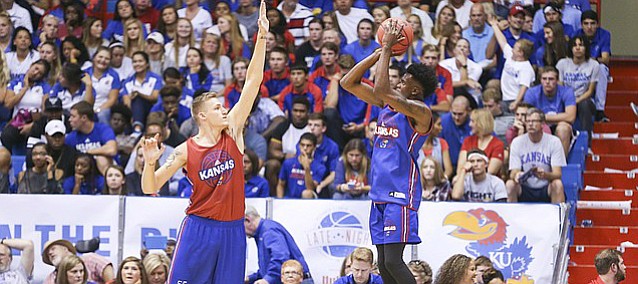 Kansas guard LaGerald Vick pulls up for a shot against forward Evan Maxwell during Late Night in the Phog on Saturday, Oct. 1, 2016 at Allen Fieldhouse.