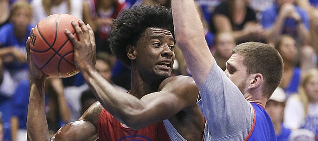 Kansas guard Josh Jackson looks for an outlet as he is defended by Sviatoslav Mykhailiuk during Late Night in the Phog on Saturday, Oct. 1, 2016 at Allen Fieldhouse.
