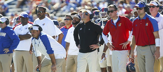 Kansas head coach David Beaty shows his frustration after an Oklahoma State field goal during the third quarter on Saturday, Oct. 22, 2016 at Memorial Stadium.