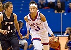Kansas guard Jessica Washington (3) brings the ball up the court during an exhibition game against Fort Hays State on Sunday in Allen Fieldhouse.