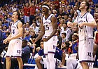 The Kansas bench celebrates a bucket by Tyler Self during the second half, Tuesday, Nov. 1, 2016 at Allen Fieldhouse.